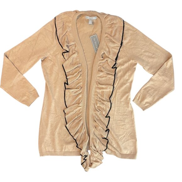 By Design Women's Open Front Ruffle Cardigan Beige with Black Piping. Size XL - Picture 9 of 9